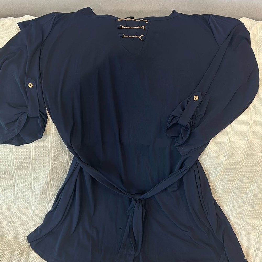 Always Indigo navy blue dress w/ gold accents, mid length